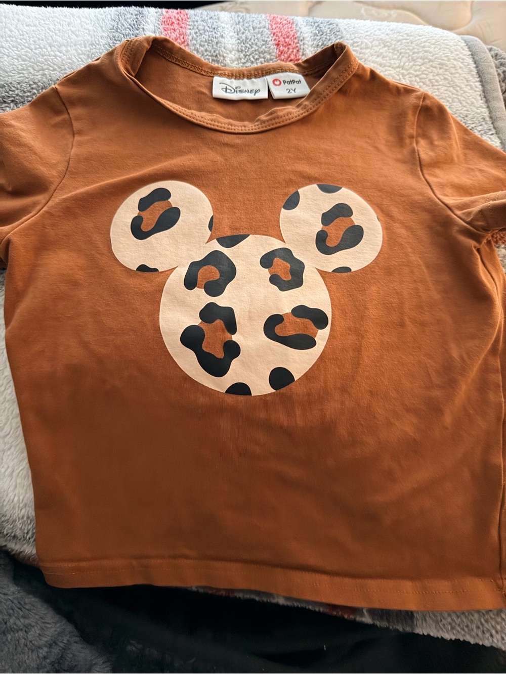 Disney Rust Brown Short Sleeve Tee with Leopard Mickey Graphic